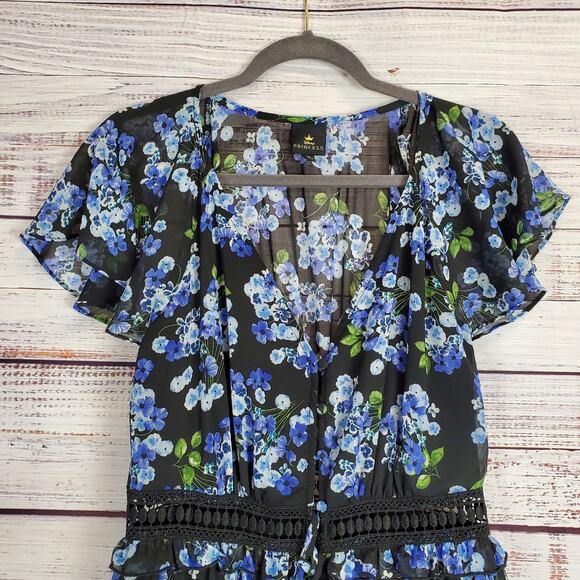 Disney Princess Mulan Cosplay Maxi Dress Blue Floral Ruffle Tier Crochet Flowy M - Picture 6 of 15